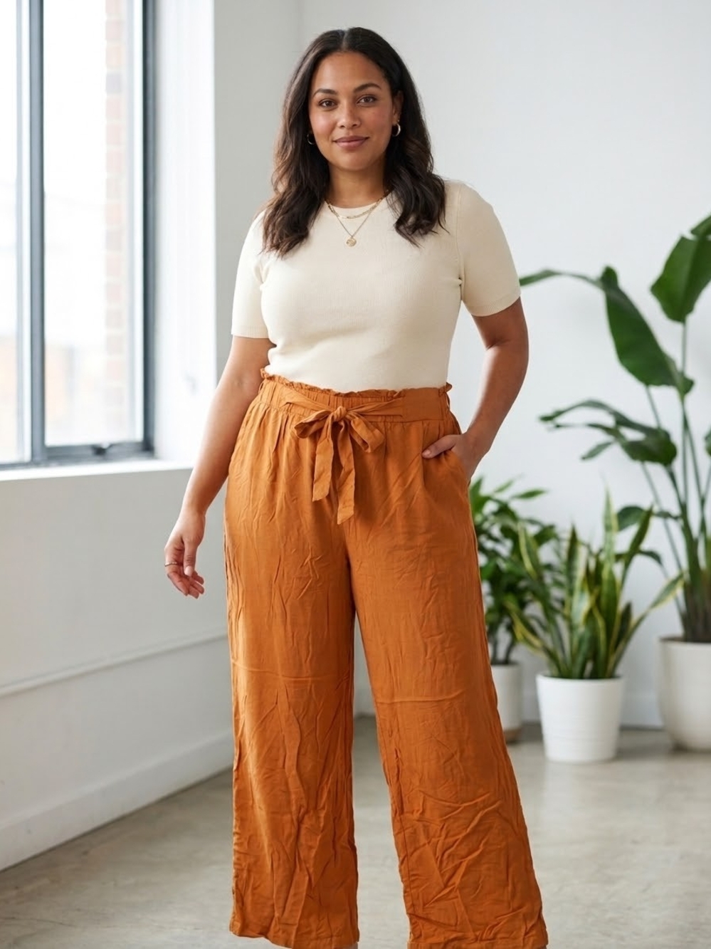 Primark Wide-Leg Paperbag Pants in Rust Orange
